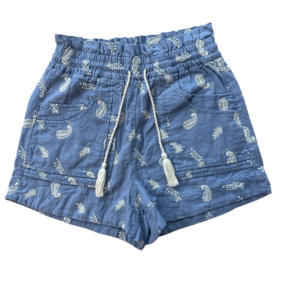 House of Harlow 1960 Embroidered Paisley Linen Blend Paperbag Shorts